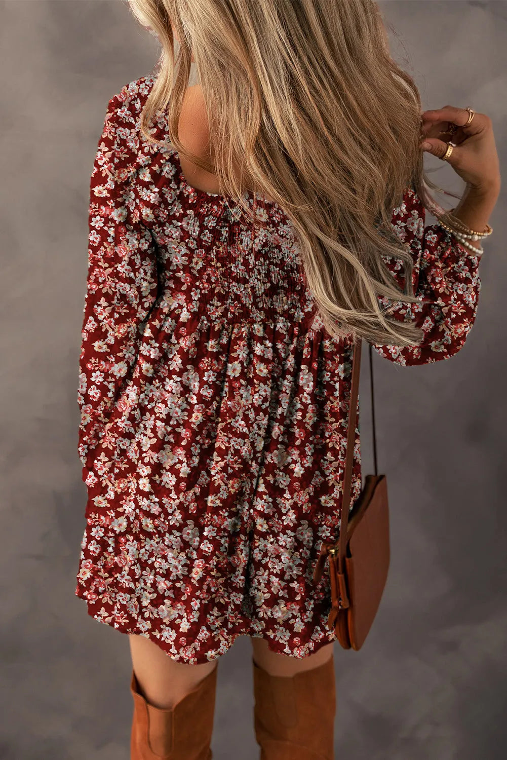 Red Floral Print Sweetheart Neck Shirred Back Mini Dress - Chic Meadow Boutique 