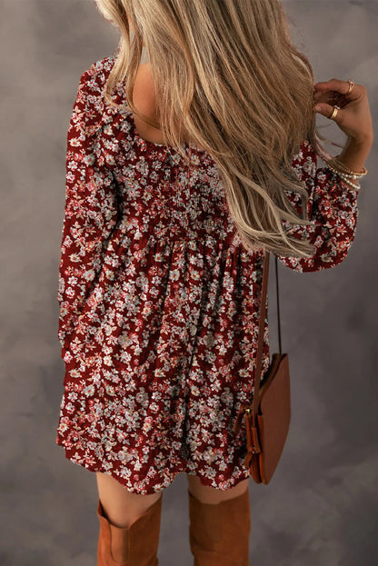 Red Floral Print Sweetheart Neck Shirred Back Mini Dress - Chic Meadow Boutique 