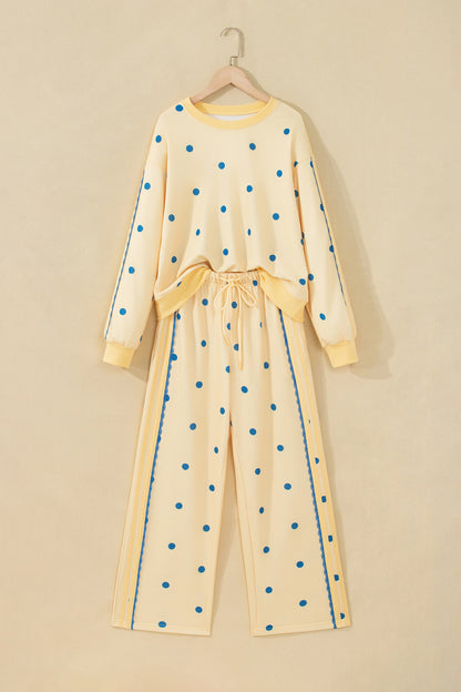 Yellow Polka Dot Long Sleeve Top Patchwork Detail Loose Pant Set
