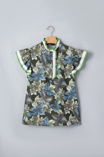 Green Ruffled Short Sleeve Floral Summer Blouse