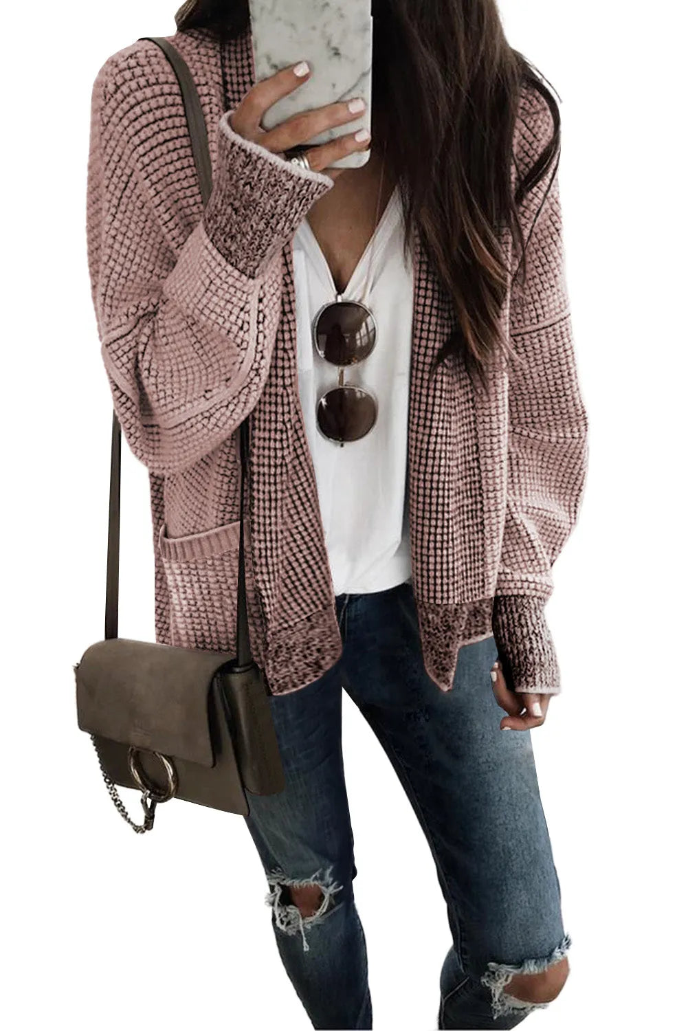 Pink Chunky Waffle Knit Oversized Collar Cardigan - Chic Meadow Boutique 