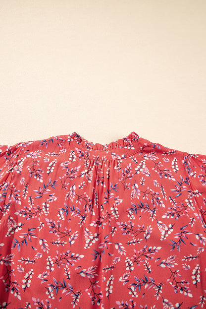 Red Floral Tie Split Neck Short Flounce Sleeve Crinkled Blouse