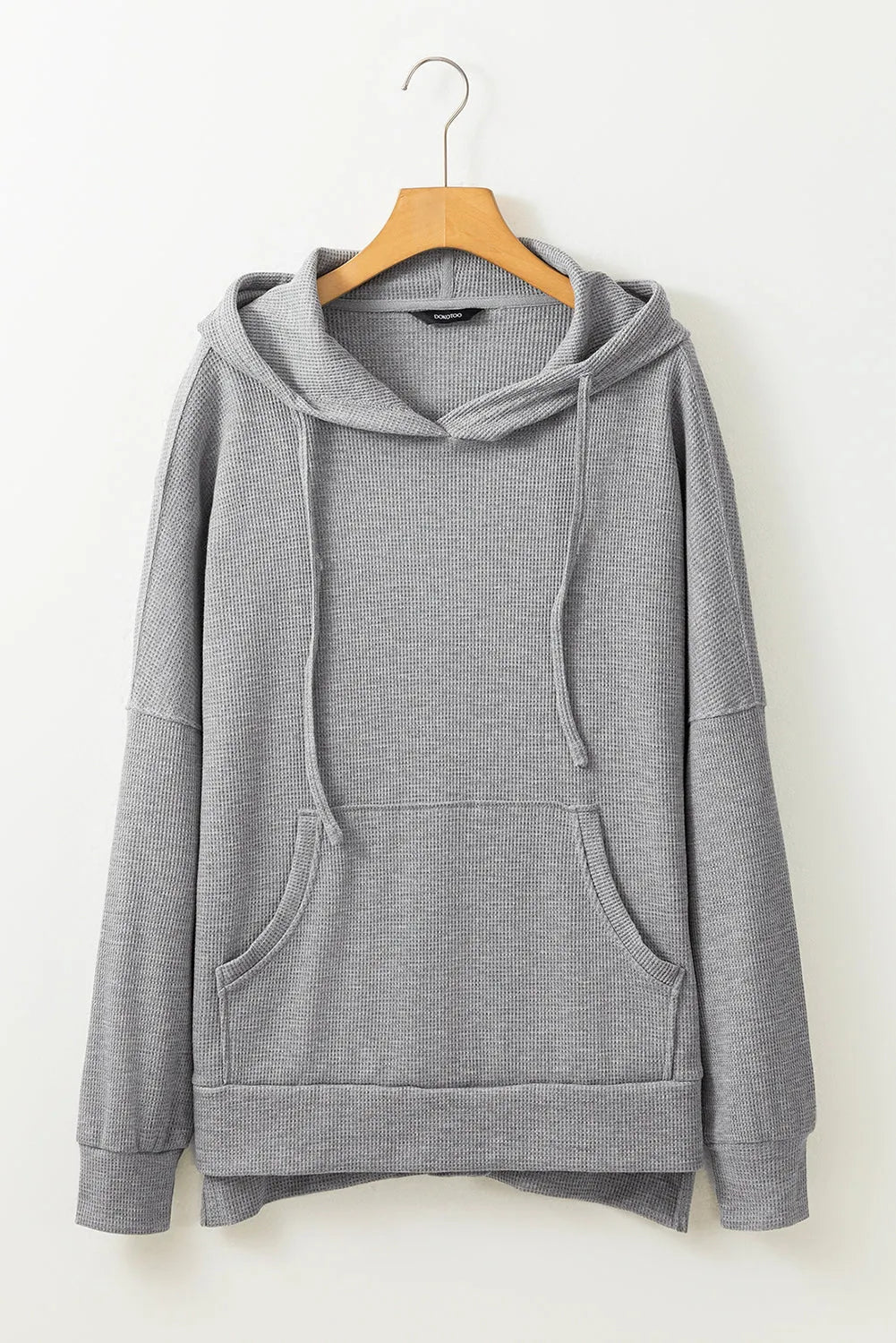 Gray Waffle Knit Fleece Lined High Low Oversized Hoodie - Chic Meadow Boutique 