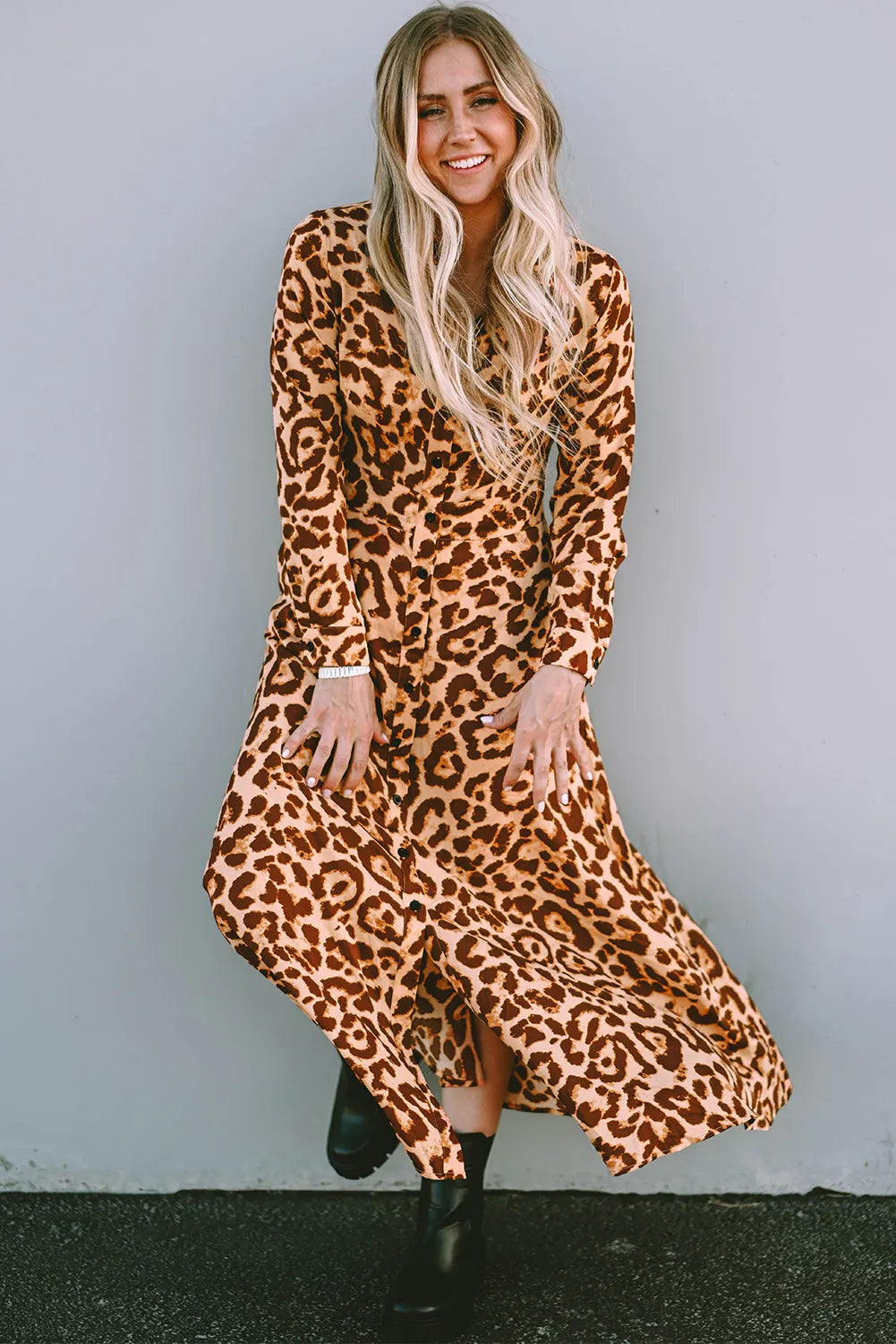 Leopard Button-Up Long Sleeve Maxi Dress - Chic Meadow Boutique 