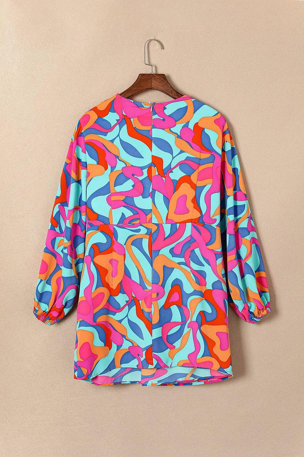 Plus Size/Plus Size Dresses/Plus Size Mini Dresses Multicolor Plus Size Abstract Print Pleated Surplice Long Sleeve Dress