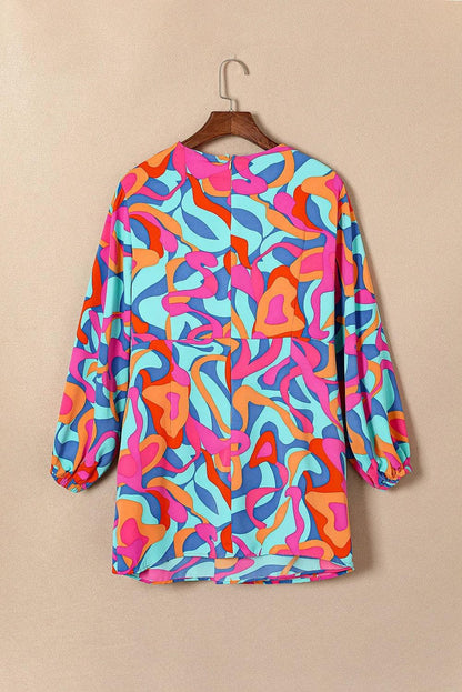 Plus Size/Plus Size Dresses/Plus Size Mini Dresses Multicolor Plus Size Abstract Print Pleated Surplice Long Sleeve Dress