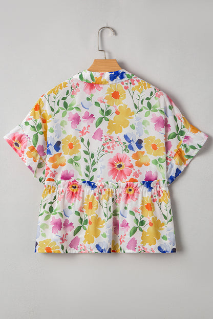 Yellow Floral Boxy Fit Ruffled Short Sleeve V Neck Blouse