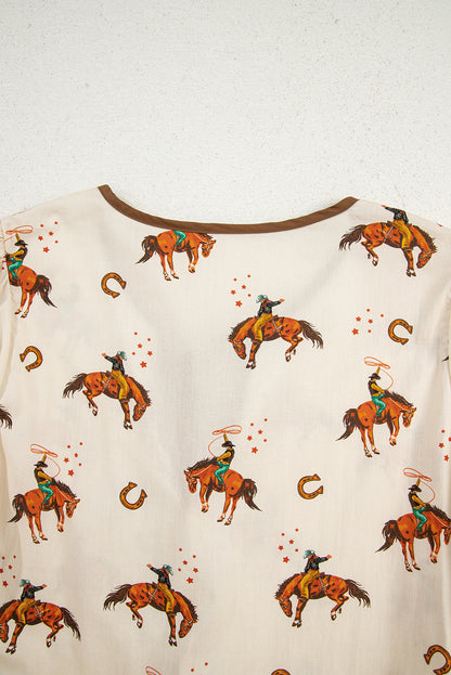 Apricot Cowboy Print Puff Sleeve Bowknot Peplum Blouse