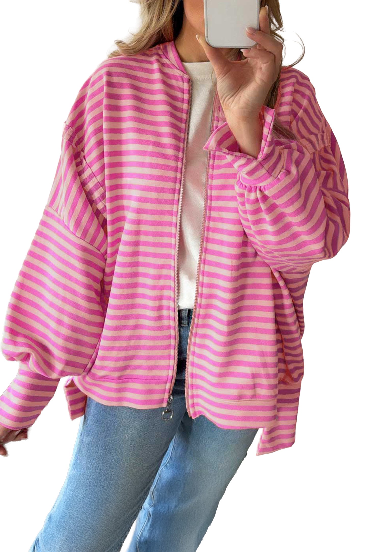 Pink Stripe Zip-up Puff Sleeve Zip Jacket Sweatshirt