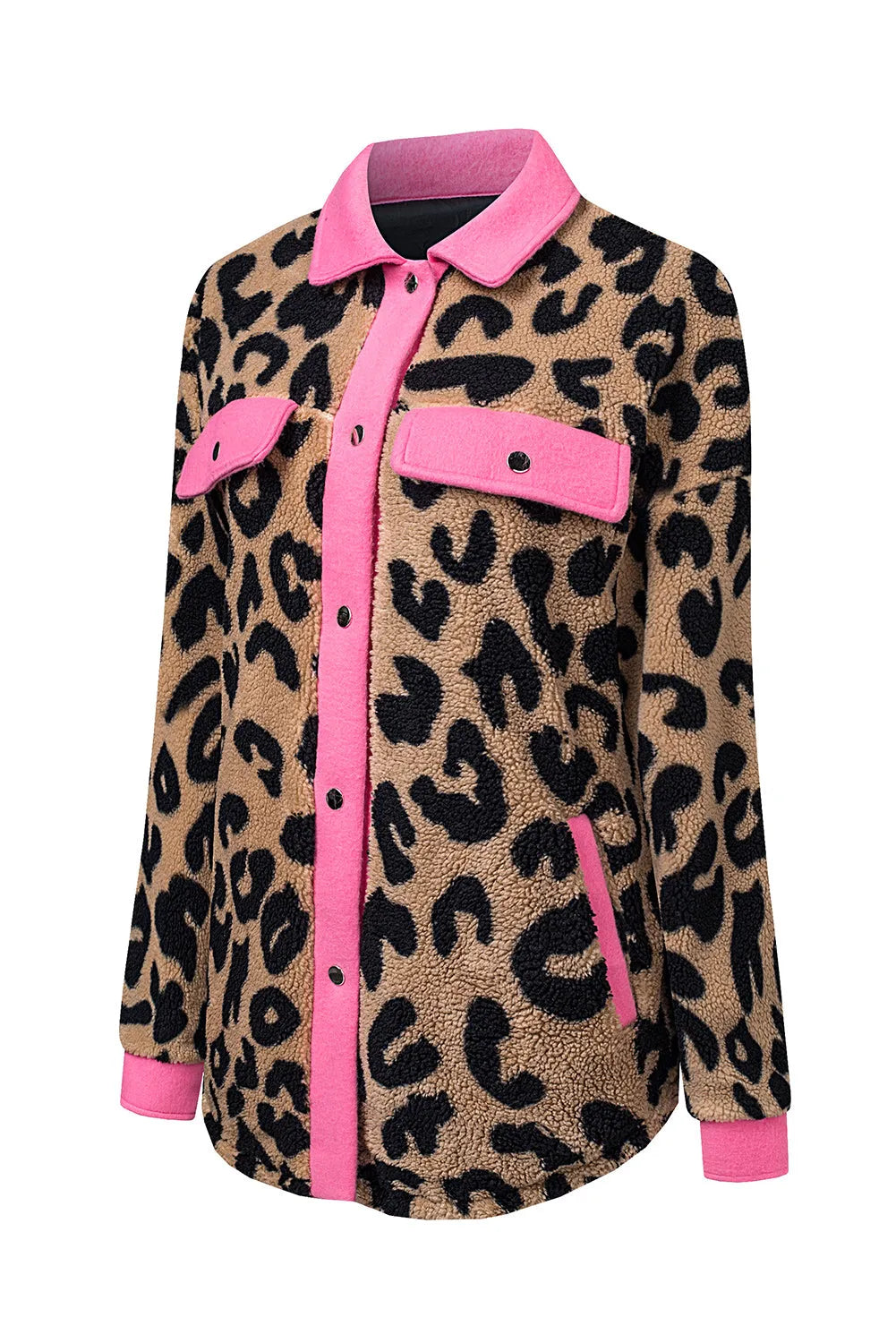 Leopard Contrast Trimmed Leopard Teddy Shacket - Chic Meadow Boutique 