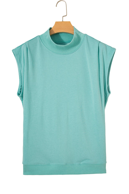 Mint Green Solid Color High Neck Cap Sleeve Loose Top
