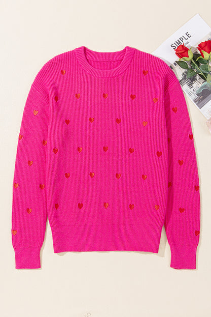 Rose Red Heart Shape Drop Shoulder Round Neck Sweater