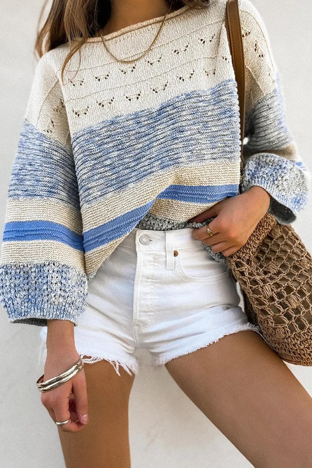 Sweaters & Cardigans/Sweaters Light Blue / S / 55%Acrylic+45%Cotton Light Blue Open Stitch Puff Sleeve Sweater