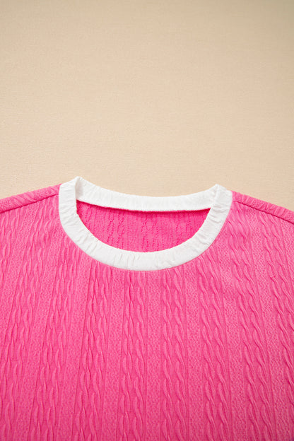 Bright Pink Textured Color Block Trim Loose Tee Drawstring Shorts 2pcs Set