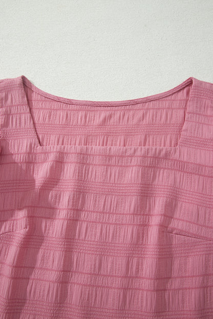 Peach Blossom Textured Square Neck Top and Shirred High Waist Shorts Set