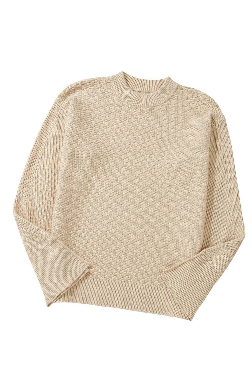 Parchment Solid Textured Knit Split Cuff Drop Shoulder Loose Sweater - Chic Meadow Boutique 