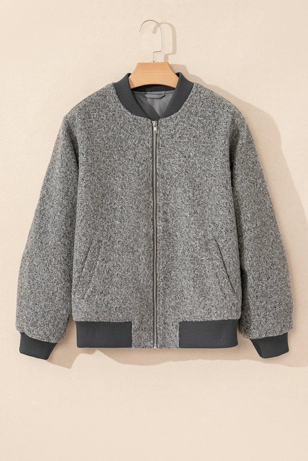 Outerwear/Jackets Medium Grey Fuzzy Zip Up Pocketed Sleeve Jacket