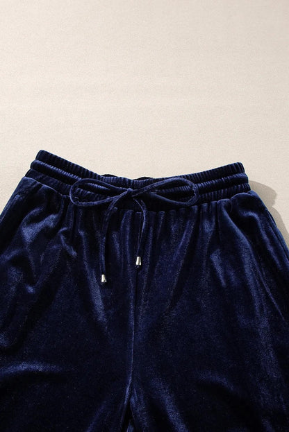 Two Piece Sets/Pant Sets Navy Blue Solid Velvet Ruffled Two Piece Pants Set