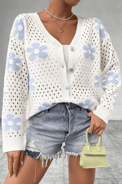 Sweaters & Cardigans/Cardigans White Flower Knit Hollow Out Open Short Cardigan