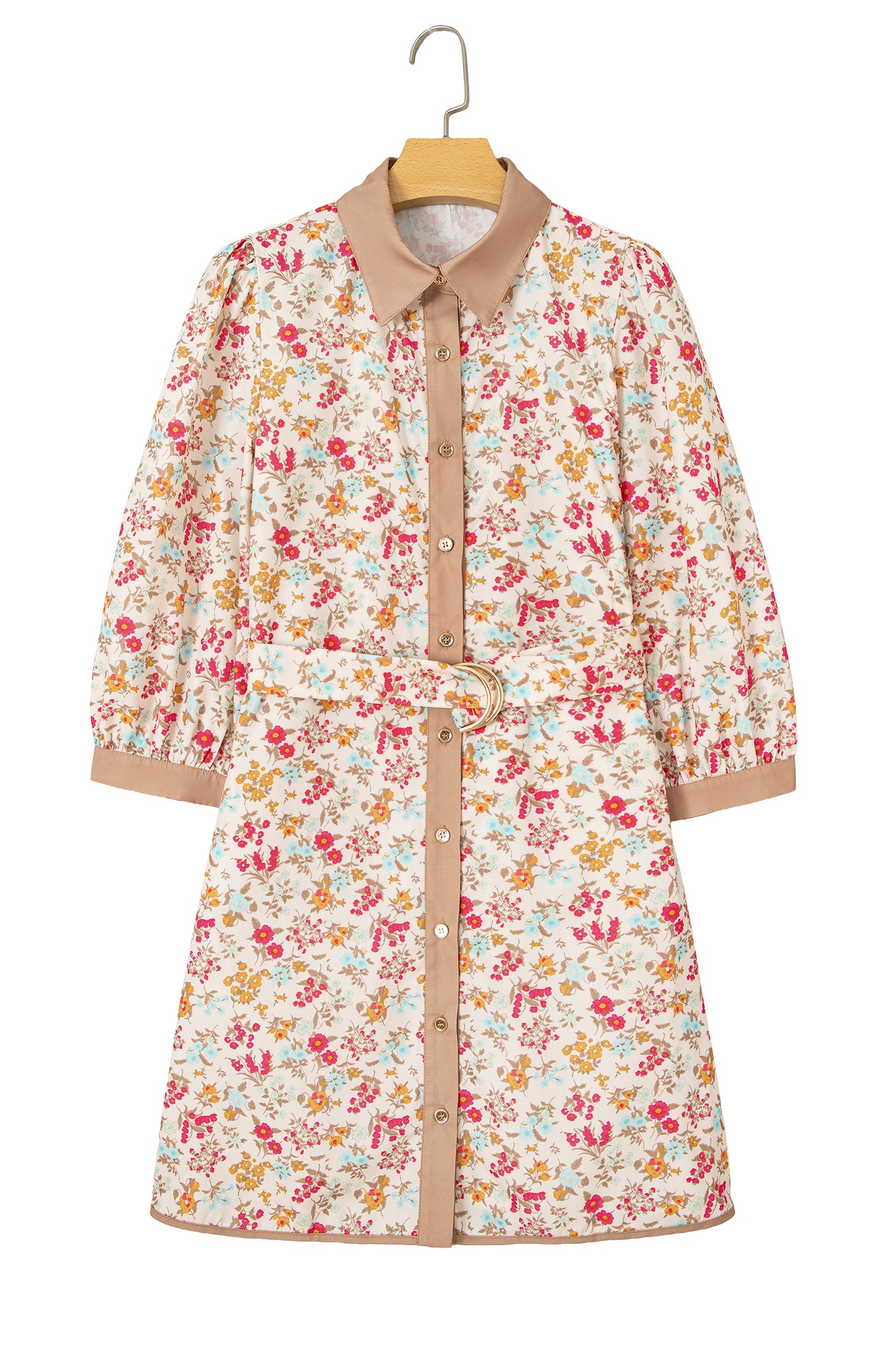 Orange Floral Print Color Block Trim Button Down 3/4 Sleeve Belted Mini Dress