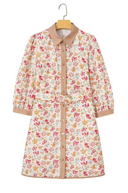 Orange Floral Print Color Block Trim Button Down 3/4 Sleeve Belted Mini Dress