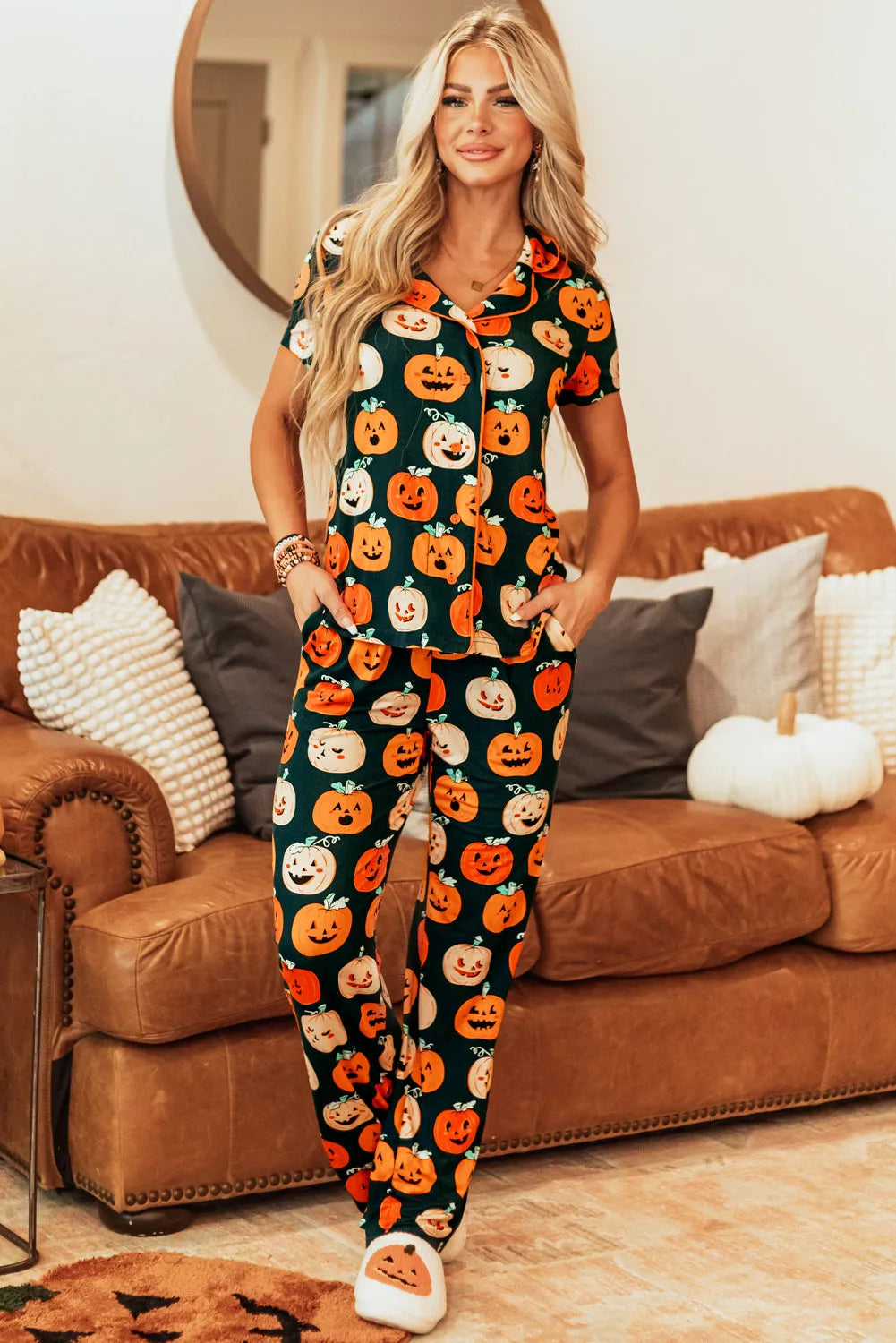 Orange Halloween Pattern Short Sleeve Shirt Pajama Set - Chic Meadow Boutique 