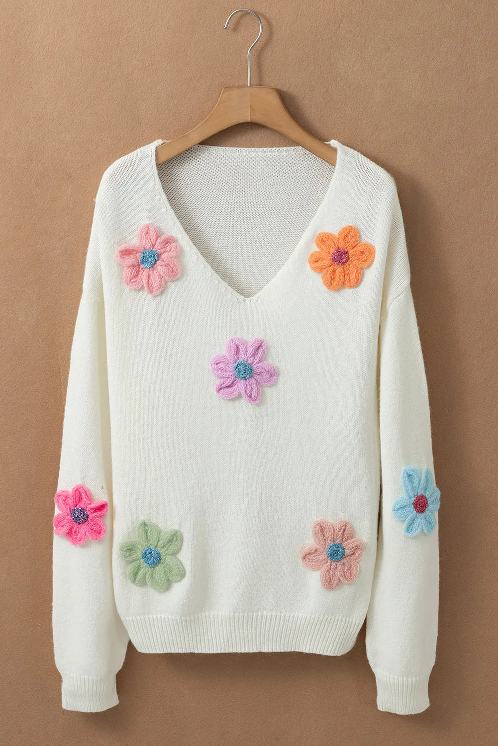 White Crochet Flower V Neck Sweater - Chic Meadow Boutique 