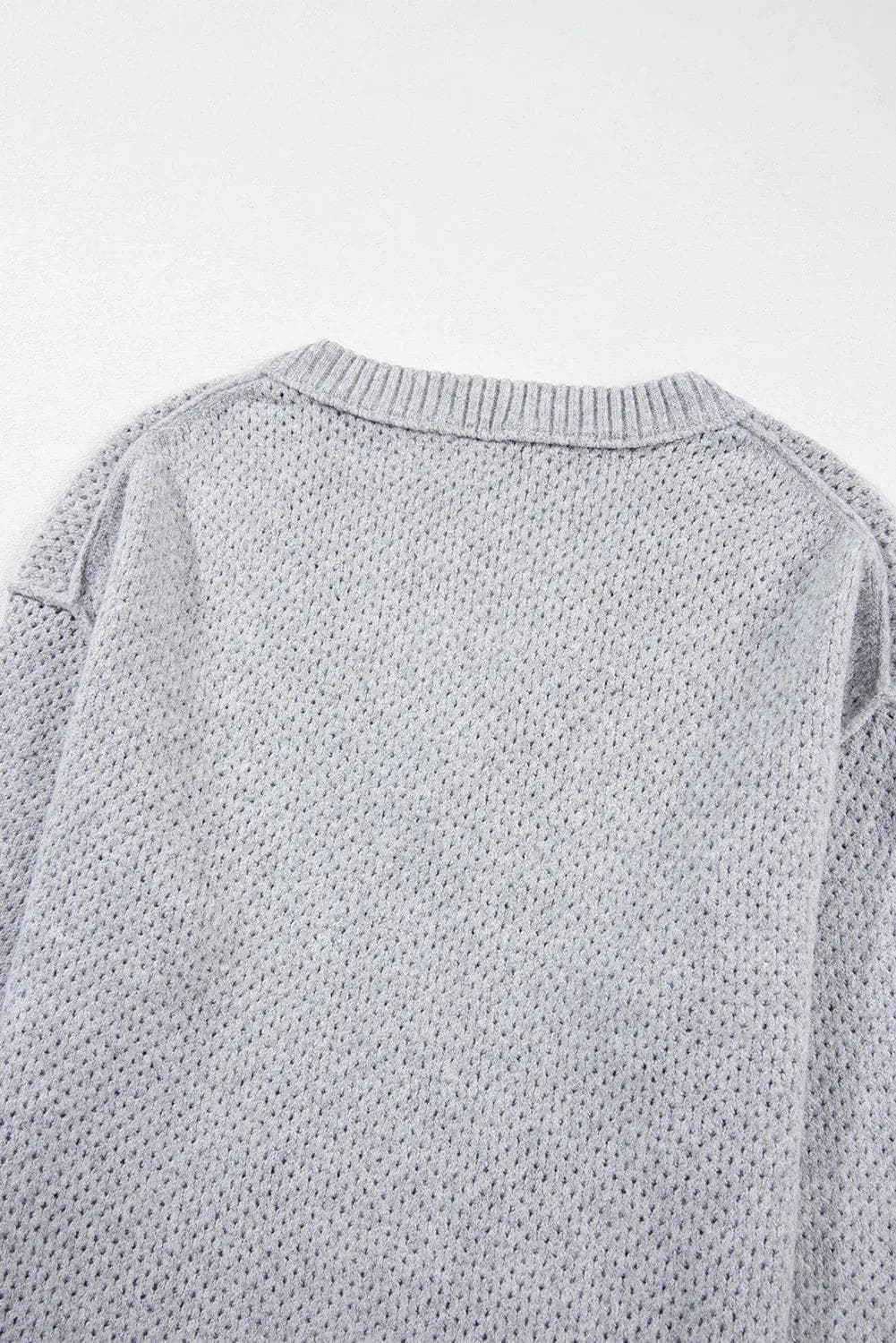 Sweaters & Cardigans/Sweaters Light Grey Loose Eyelet V Neck Drop Shoulder Sweater