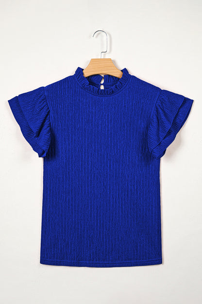 Dark Blue Solid Color Textured Ruffle Trim Short Sleeve Blouse