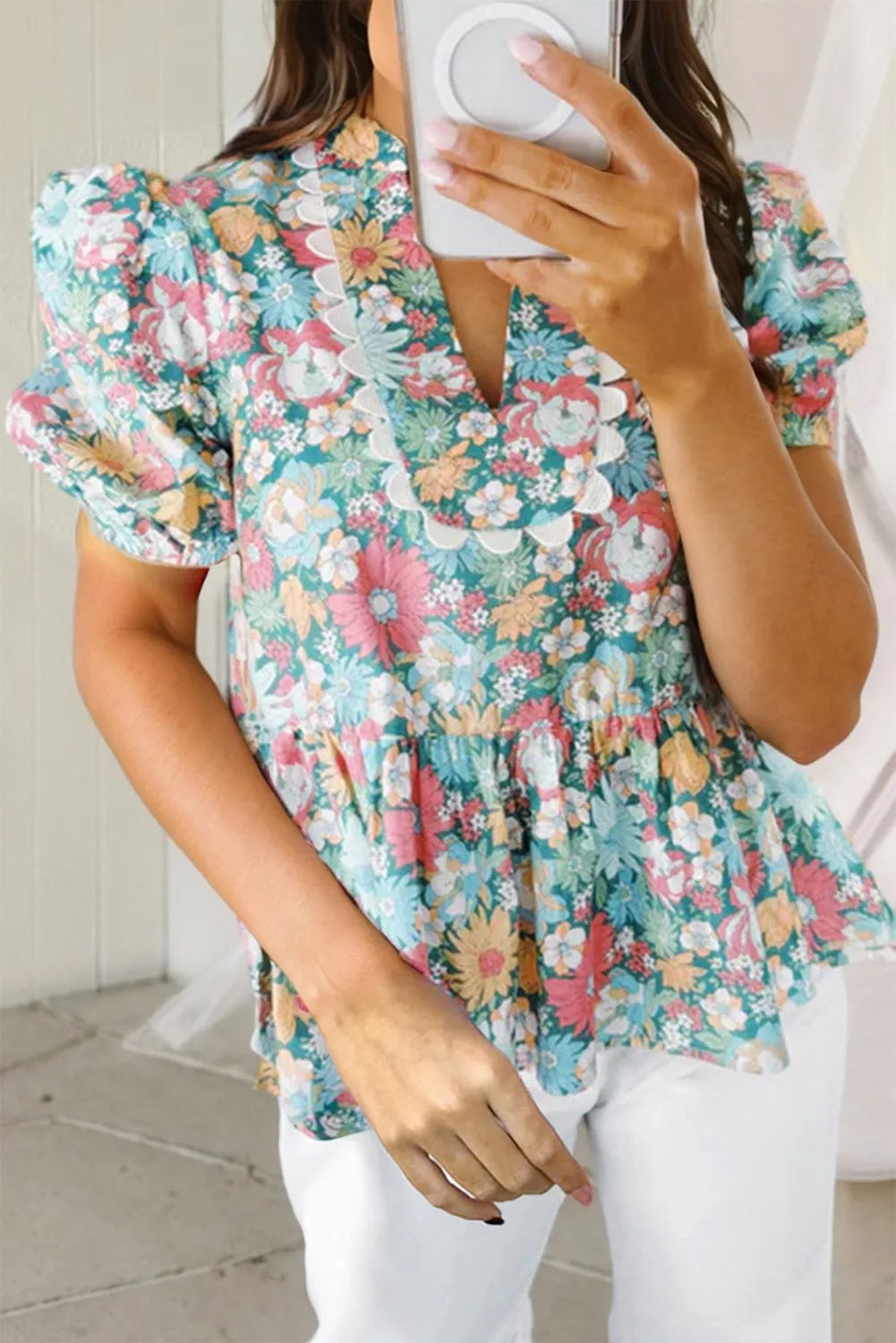 Multicolour Notched Neck Puff Short Sleeve Floral Blouse - Chic Meadow Boutique 