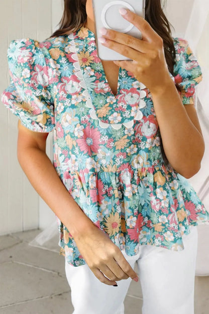 Multicolour Notched Neck Puff Short Sleeve Floral Blouse - Chic Meadow Boutique 