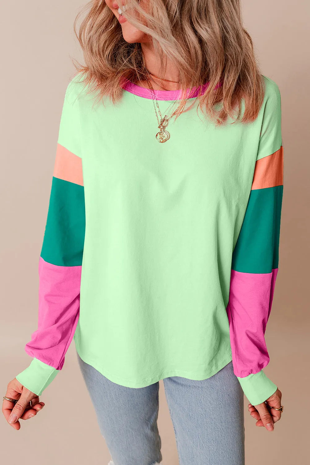 Green Colorblock Patchwork Long Sleeve Loose Top - Chic Meadow Boutique 