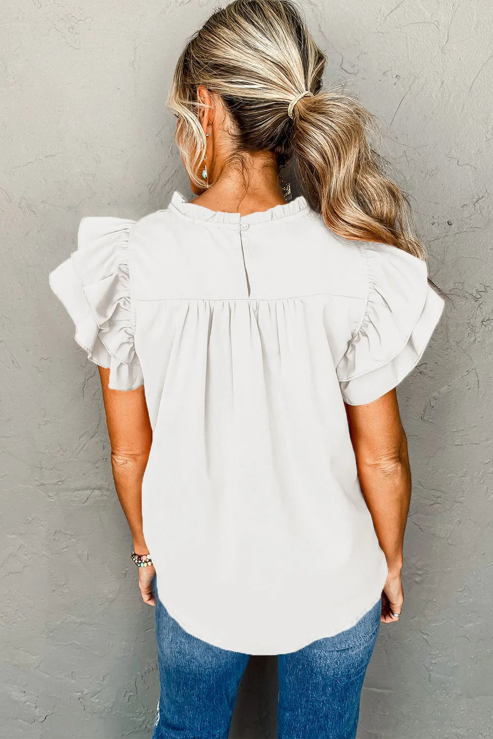 White Smocked Ruffle Sleeve Blouse - Chic Meadow Boutique 