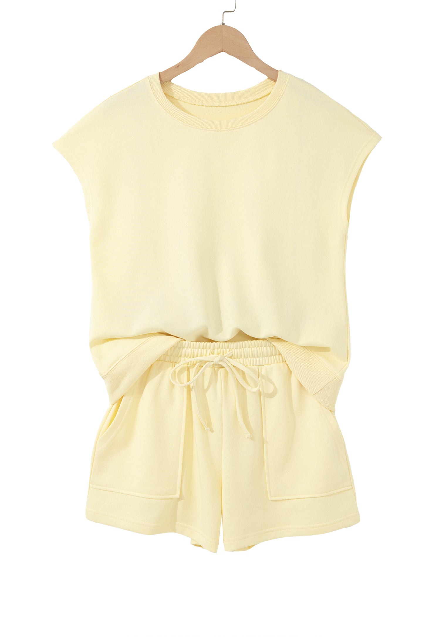 Yellow Cream Solid Color Tee Drawstring Shorts Comfy 2pcs Set