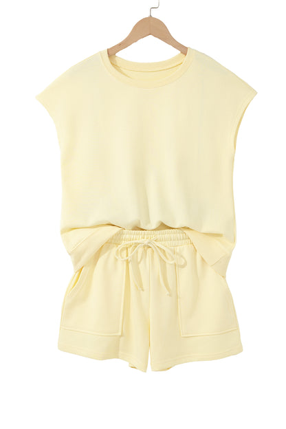 Yellow Cream Solid Color Tee Drawstring Shorts Comfy 2pcs Set
