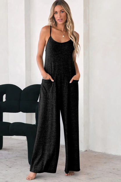 Black Patch Pockets Spaghetti Strap Wide Leg Jumpsuit - Chic Meadow Boutique 