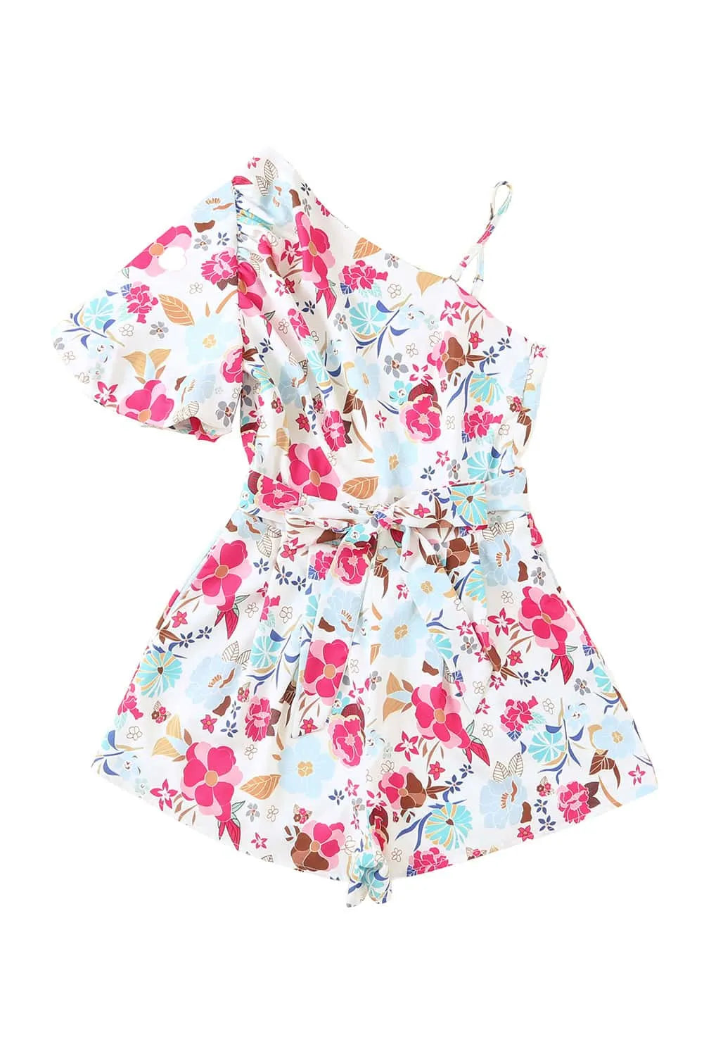 White Floral Single Bubble Sleeve Slant Shoulder Romper - Chic Meadow Boutique 