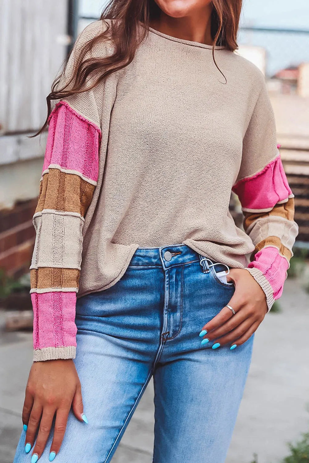 Simply Taupe Colorblock Exposed Seam Round Neck Sweater - Chic Meadow Boutique 