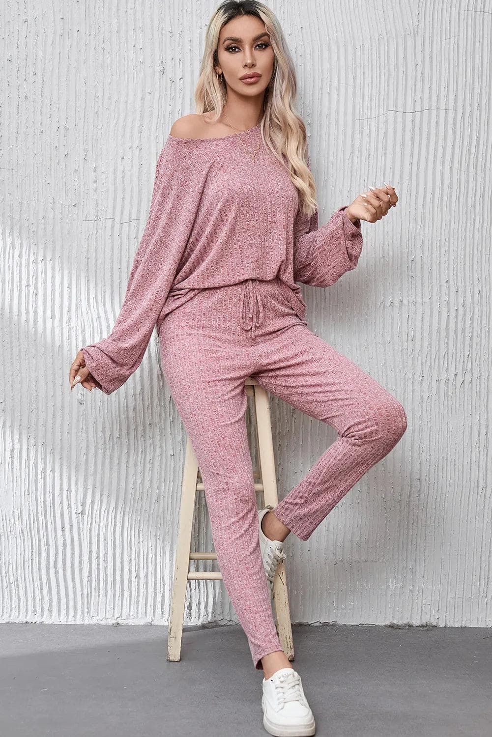 Two Piece Sets/Pant Sets Peach Blossom Ribbed Drop Shoulder Top and Knot Waist Leggings Set