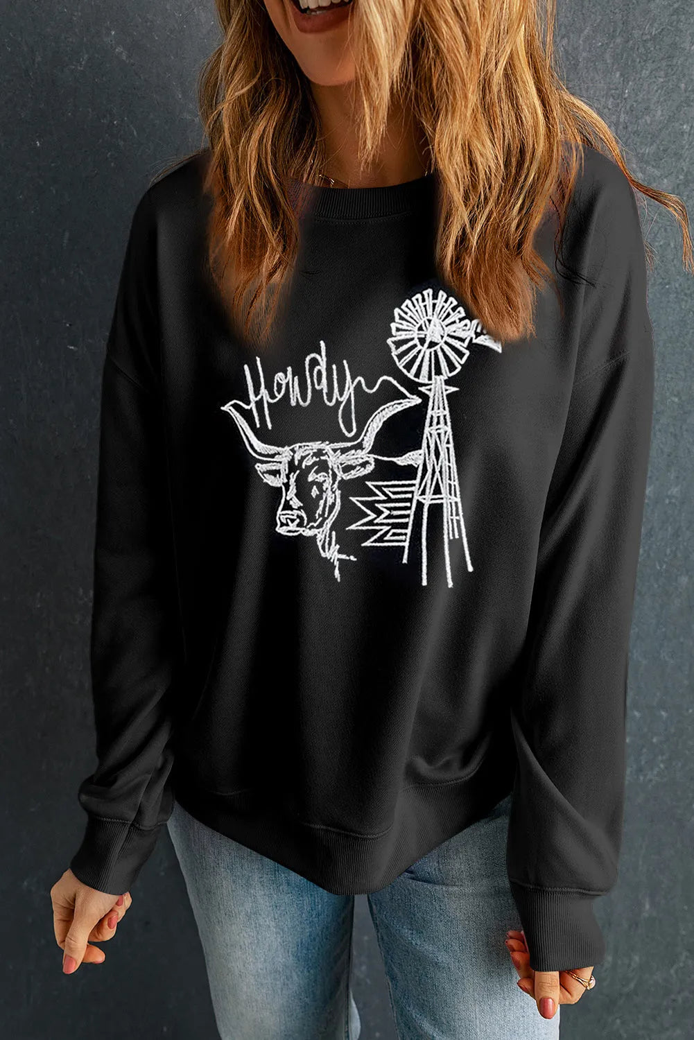 Black Embroidered Howdy Cow Western Graphic Crew Neck Sweatshirt - Chic Meadow Boutique 