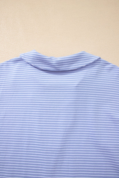 Sky Blue Stripe Dolman Sleeve Polo Shirt and Drawstring Shorts Set