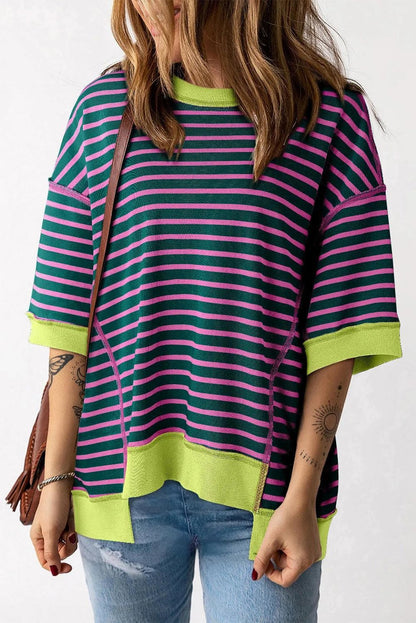 Tops/Tops & Tees Green Stripe / S / 70%Polyester+25%Cotton+5%Elastane Green Contrast Trim Exposed Seam High Low Stripe T Shirt