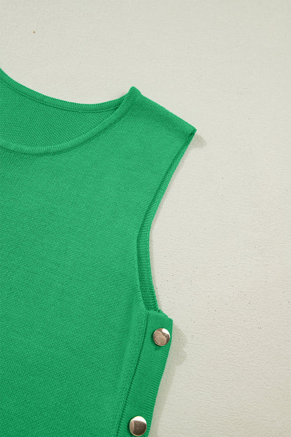 Bright Green Side Button Round Neck Knit Sleeveless Sweater