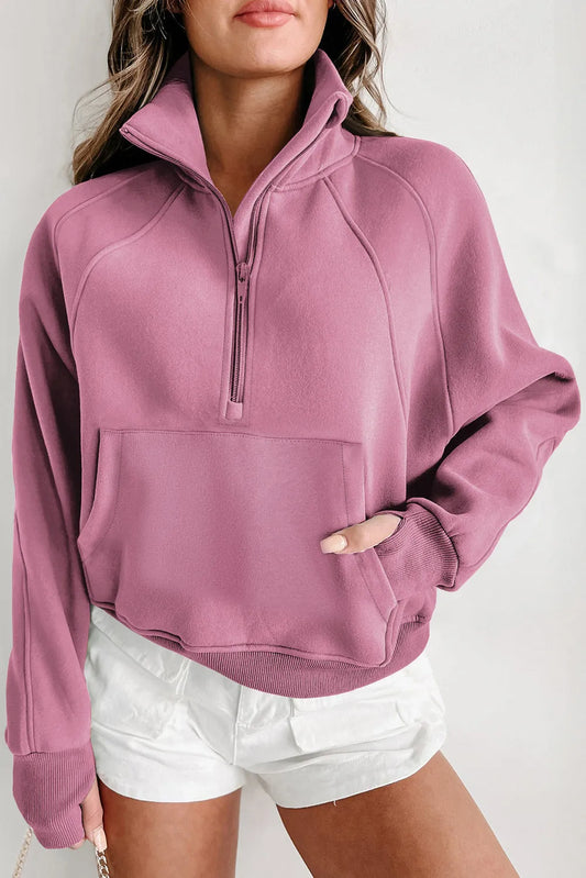 Phalaenopsis Fleece Lined Zip Up Stand Collar Thumbhole Sleeve Sweatshirt - Chic Meadow Boutique 