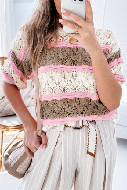 Brown Stripe Color Block Hollow Out Crochet Half Sleeve Sweater - Chic Meadow Boutique 