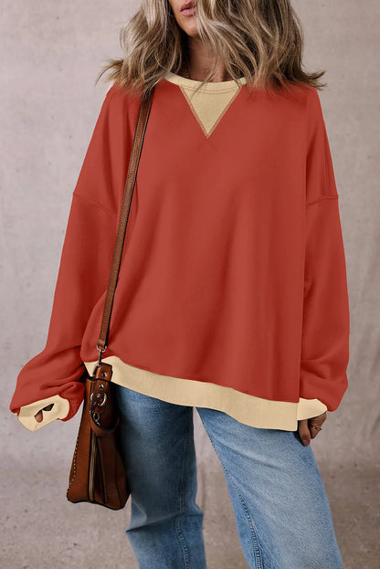 Red Clay Color Block Patch Drop Shoulder Oversized Sweatshirt - Chic Meadow Boutique 