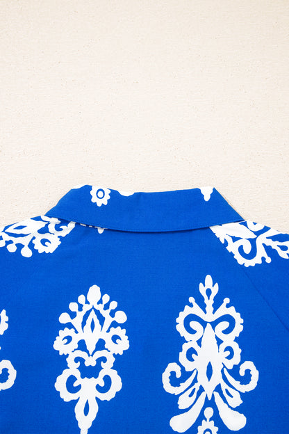 Blue Ethnic Geometric Print Collared Button Front Short Puff Sleeve Mini Dress