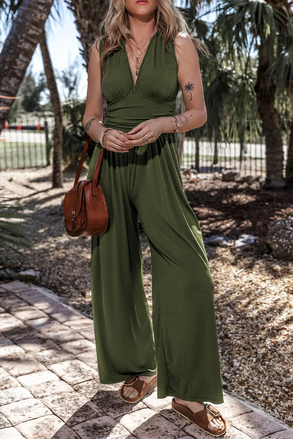 Moss Green Sleeveless V Neck Ruched Wide Leg Jumpsuit - Chic Meadow Boutique 