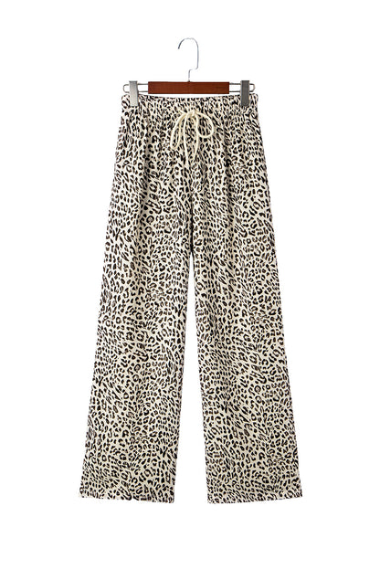 Brown Leopard Drawstring Elastic Waistband Loose Pants
