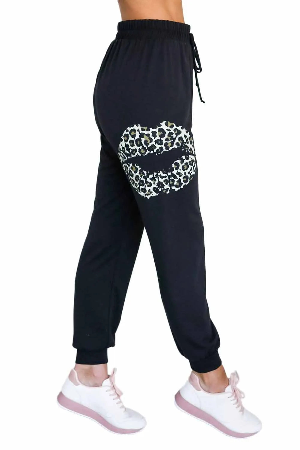 Black Leopard Lips Pattern Drawstring Waist Joggers - Chic Meadow Boutique 